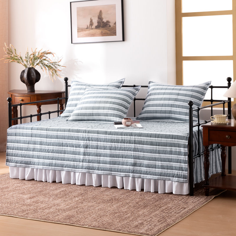 SLEEP ZONE 5 Pcs Daybed Cover Set - Navy Blue Striped Jacquard Quilted Bedding Set with Bed Skirt & 3 Pillow Shams, All Season Comfort, 75" x 39" Daybed Cover