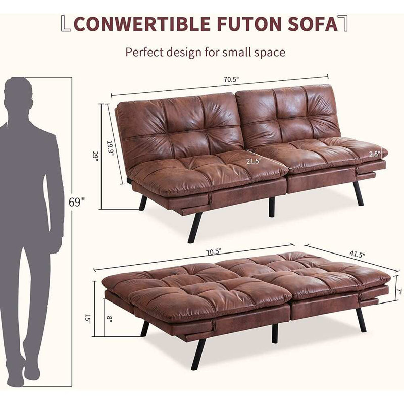 71'' Wide Faux Leather Futon Sofa Bed Couch with Adjustable Armrests for Living Room, Chocolates Faux Leather