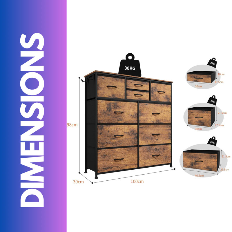 Alrai 10 Drawer 100Cm W Chest Of Drawers Industrial Rustic Brown Bedroom Furniture