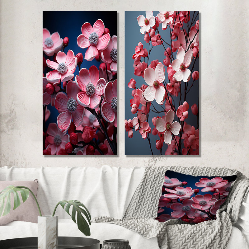 Rose cornouiller Blooms Delicate Beauty - ensemble de salon art mural cornouiller 2 pièces, Toile tendue, H 28 po x l 25 po