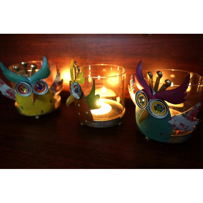 Ensemble de porte-bougie en verre/métal 3 pièces hibou