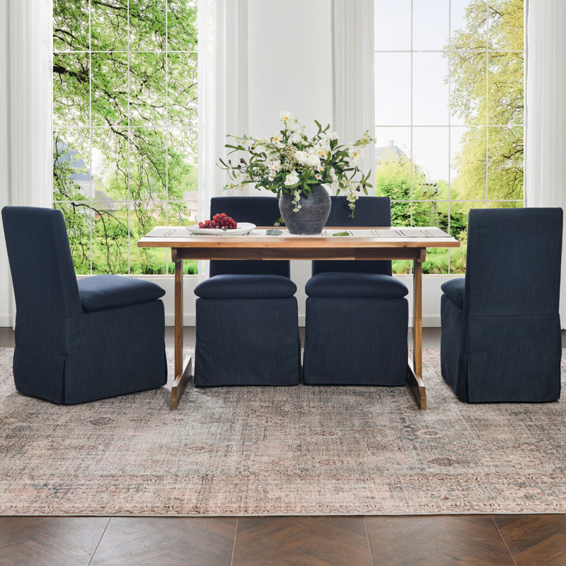 Charnika 20" Wide Performance Fabric Slipcover Upholstered Dining Side Chair with Casters (Set of 4), Indigo
