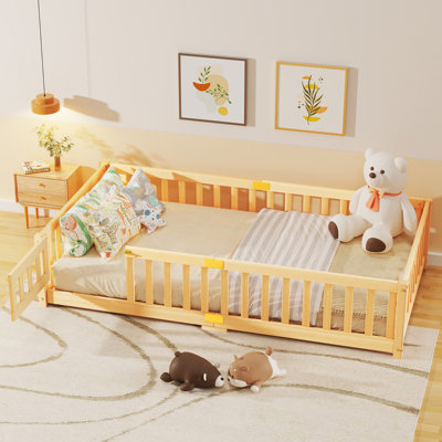 Toddler Floor Bed, Montessori Floor Bed With Rails & Lockable Door For 1-3 Years Old - Natural Wood