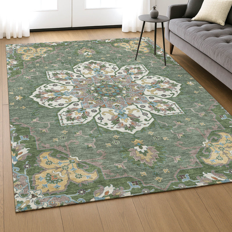 Premium Machine Washable Mayfield AMF2194 global Rug, Green, 2'6" x 3'10"