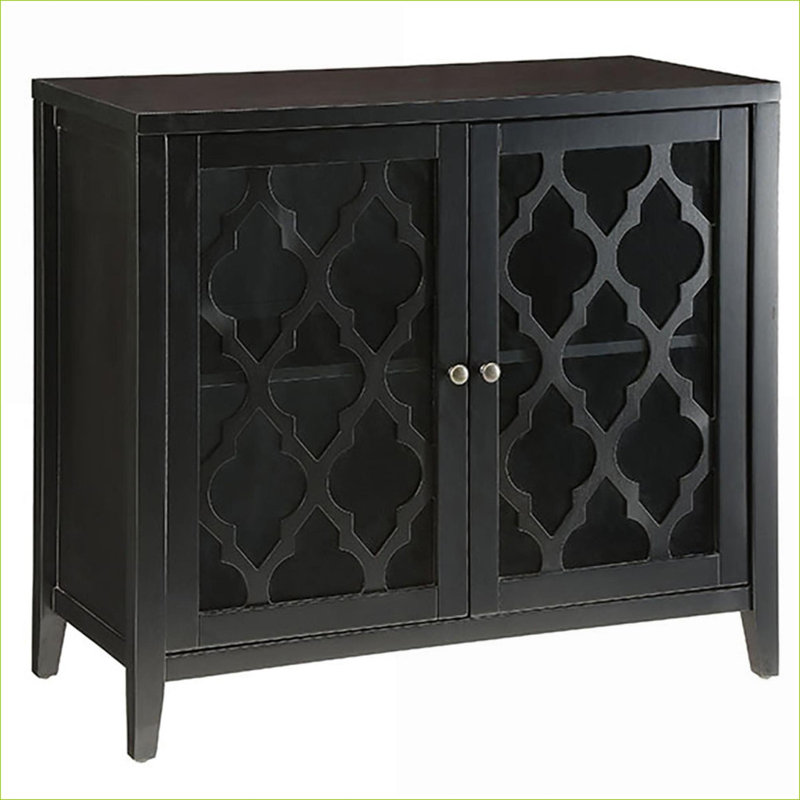 Consoles | Console traditionnelle noire avec tablette de rangement intérieure, portes en verre, largeur 34,5 po | Bois et verre | Salon