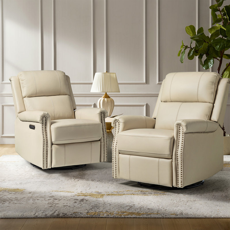 Inglenook 32" Wide Genuine Leather Power Swivel Standard Recliner Set Of 2, Beige