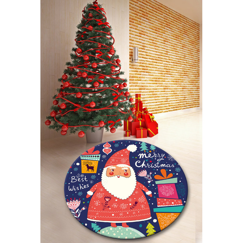 Christmas-Themed Round Carpet, 78.7 in Diameter, 100% Polyester, 0.4 in Pile Height | Antibacterial, Non-Slip Underside, Machine Washable | Perfect for Holiday Decor in Living Room, Bedroom, or Playroom