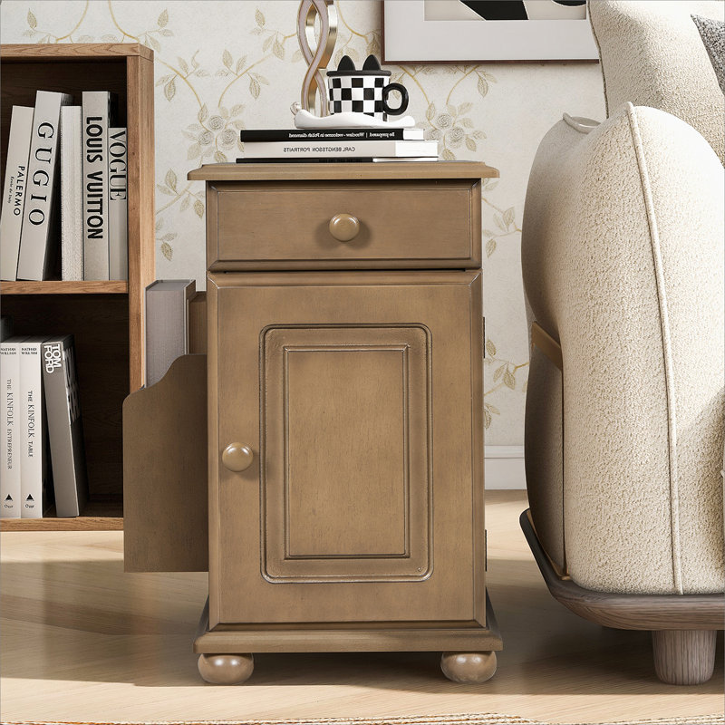U-Can Vintage End Table Flip Top Side Table with USB Ports, One Multifunctional Drawer with cup holders, Sofa Couch Table with Bookshelf for Living room and Small Space