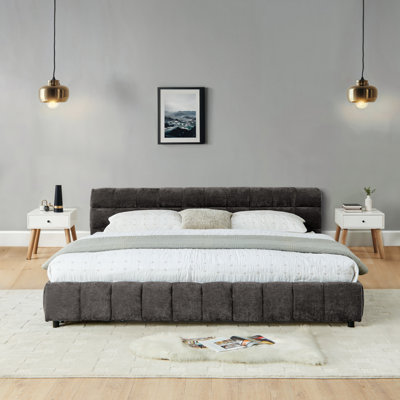 Lit très grand lit avec revêtement en chenille, tiroirs sous le lit, tête de lit tapissier gris foncé moderne, rangement pour tiroir