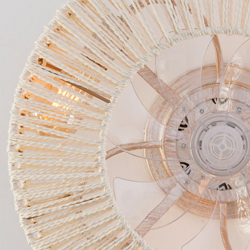 Ventilateur de plafond tissé en corde et rotin avec télécommande, Blanc