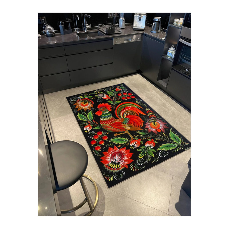 Black And Red Themed Rooster And Flower Rose Pattern Modern Decorative Carpet, Rectangle 5'2" x 7'7"