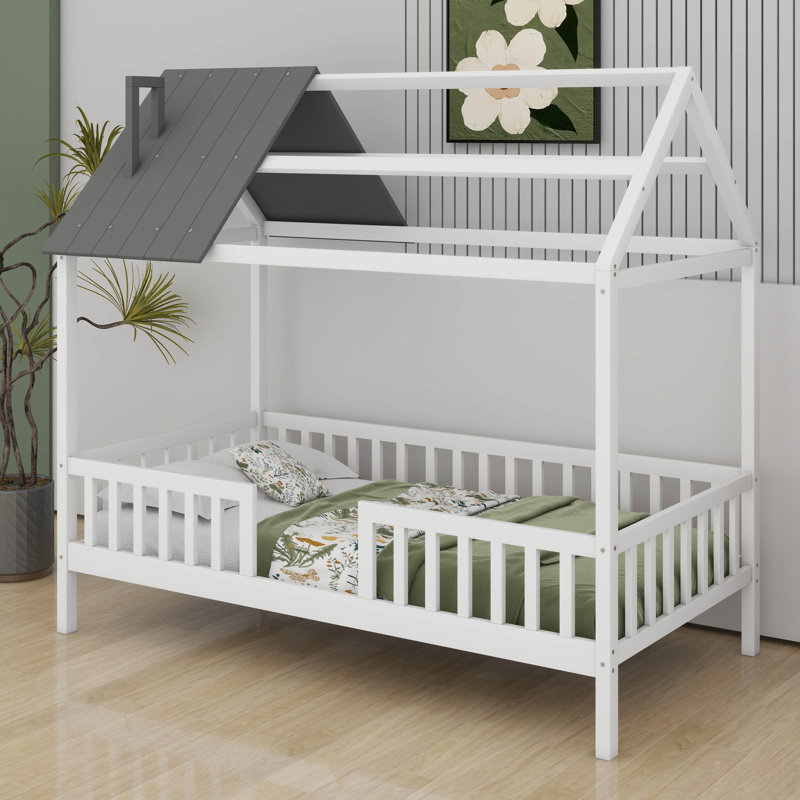 Lit simple en bois en forme de maison, Blanc / Gris