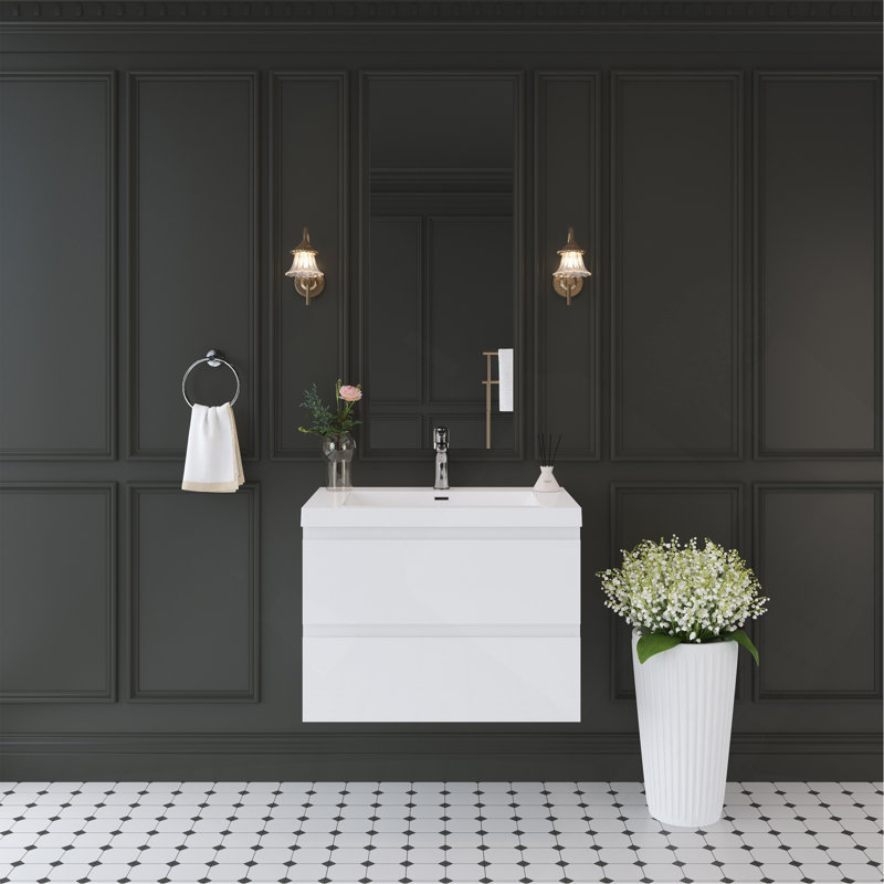 Meuble-lavabo mural 30 po avec lavabo, meuble-lavabo mural moderne avec lavabo à surface solide et tiroirs à fermeture en douceur, blanc brillant