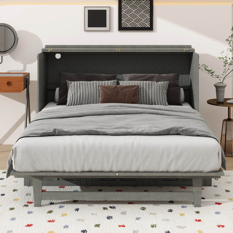 Lit escamotable pratique avec rangement généreux à tiroirs, Gris, Lit double