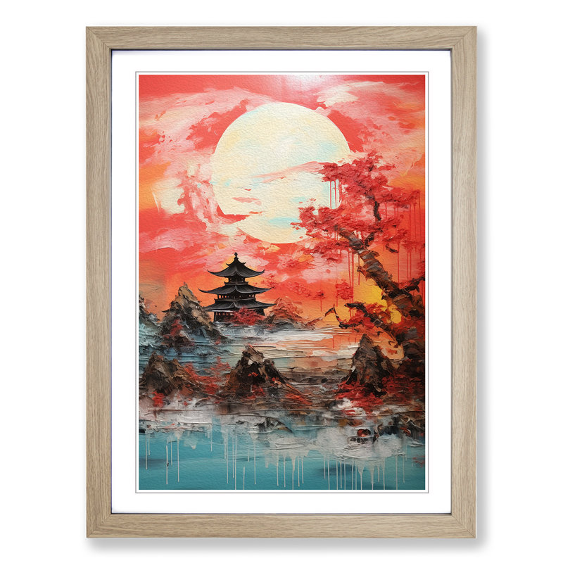 Japanese Sunset Gestural Art - Framed Print, 34cm H x 25cm W x 2cm D, Oak Framed