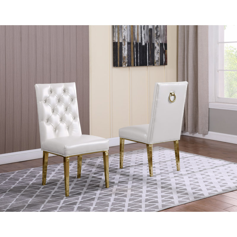 Carnahan Button Tufted Parsons Chair, Gold, White