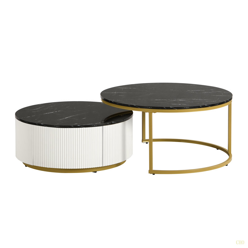 Table basse ronde emboîtable cannelée avec tiroir en or de 27,6 po seulement La table, sans chaises., Noir