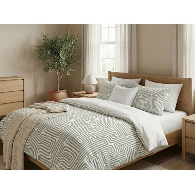 XXL Quilt Cover Set, Sage & White, 61 x 87 Duvet Cover & 31.5 x 31.5 Pillowcase | 70% Cotton / 30% Polyester, Machine Washable, 145 Thread Count | Elegant Pigment Printing, Button Closure for Duvet & Envelope Closure for Pillowcase