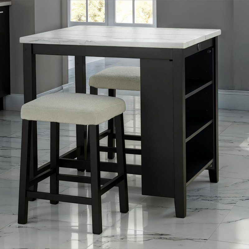 Dining Room Transitional 3pc Dining Set Gloss Table Top w Storage Shelves Side 2x Stools Black Ivory White