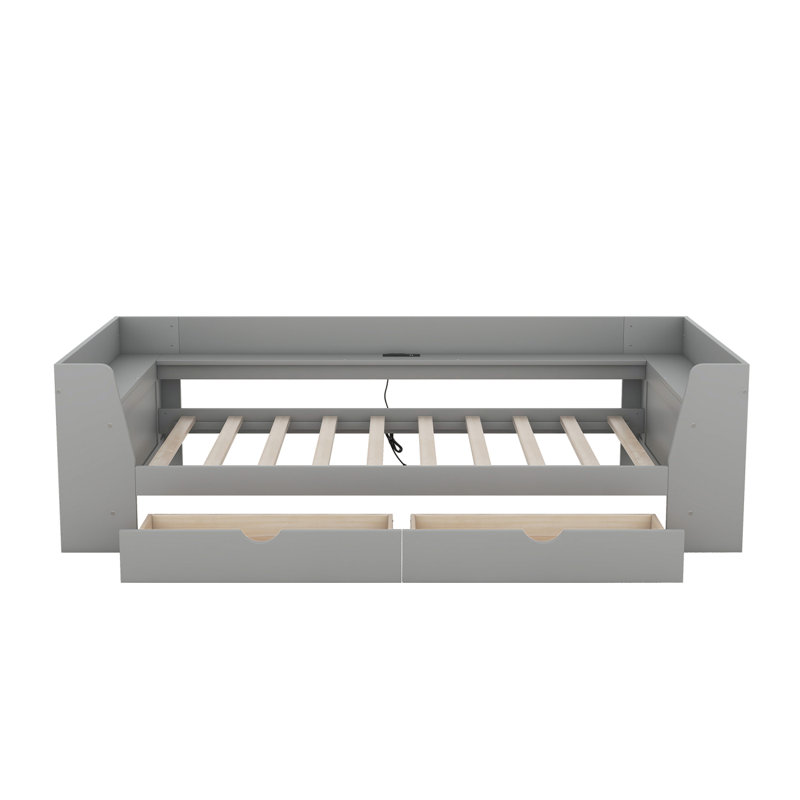 Daybed With Shelves, Drawers And Built-In Charging Station, Grey