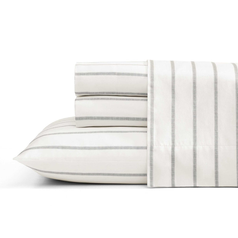 Tommy Bahama Cotton Sheet Set, Ensemble de draps pour très grand lit avec 2 taie, Brown Palma Stripe