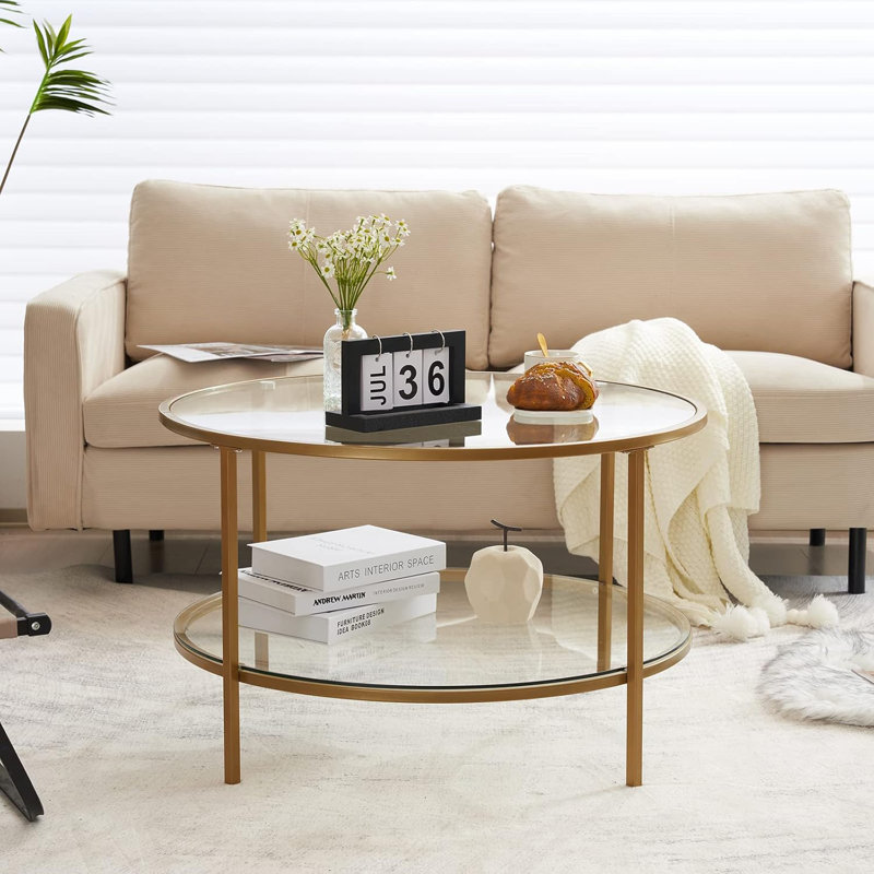 VINGLI Double Coffee Table Round Glass 78*78*49Cm, Matte Gold