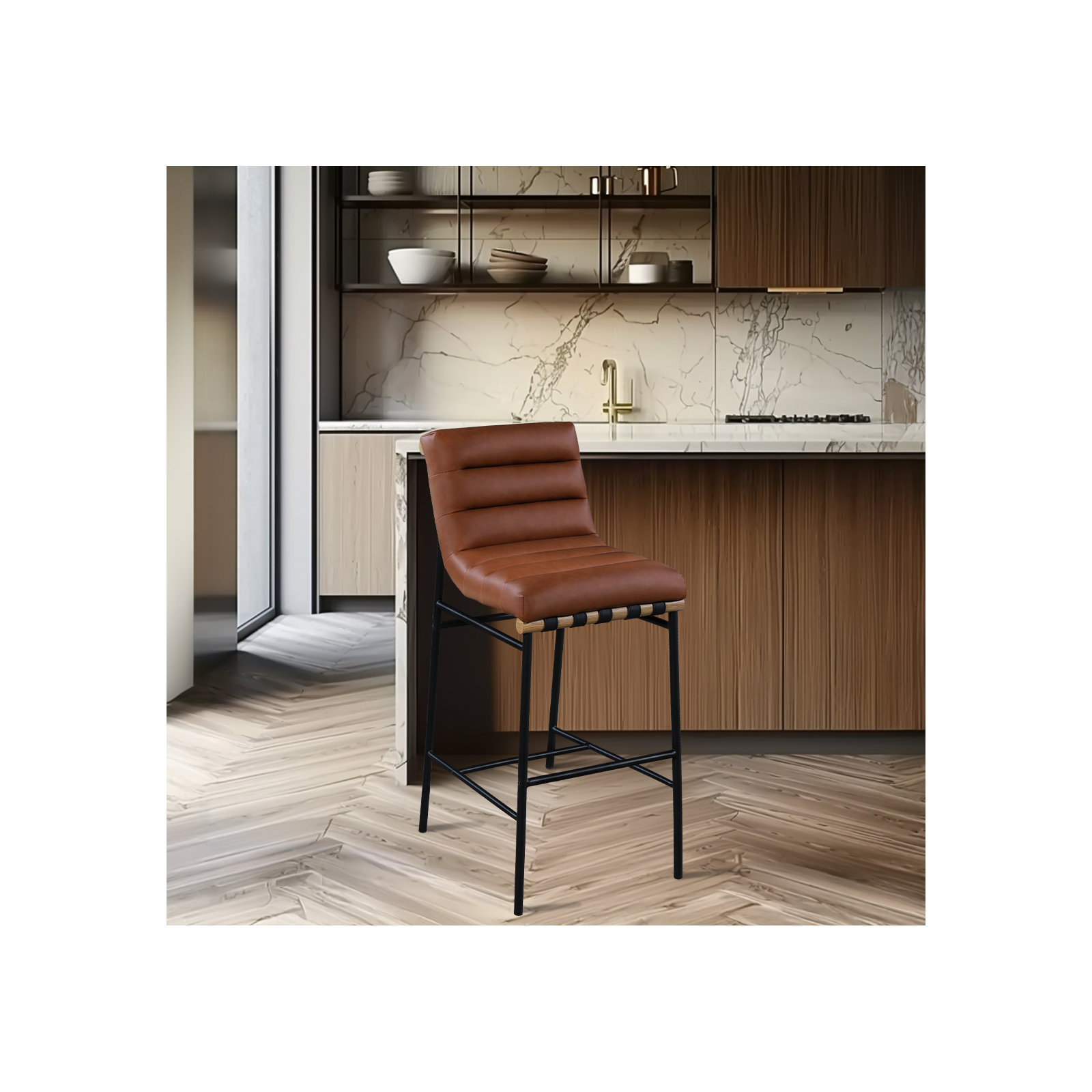 Vincentas Counter Stool, Cognac Faux Leather, Bar Stool (29.9" Seat Height)