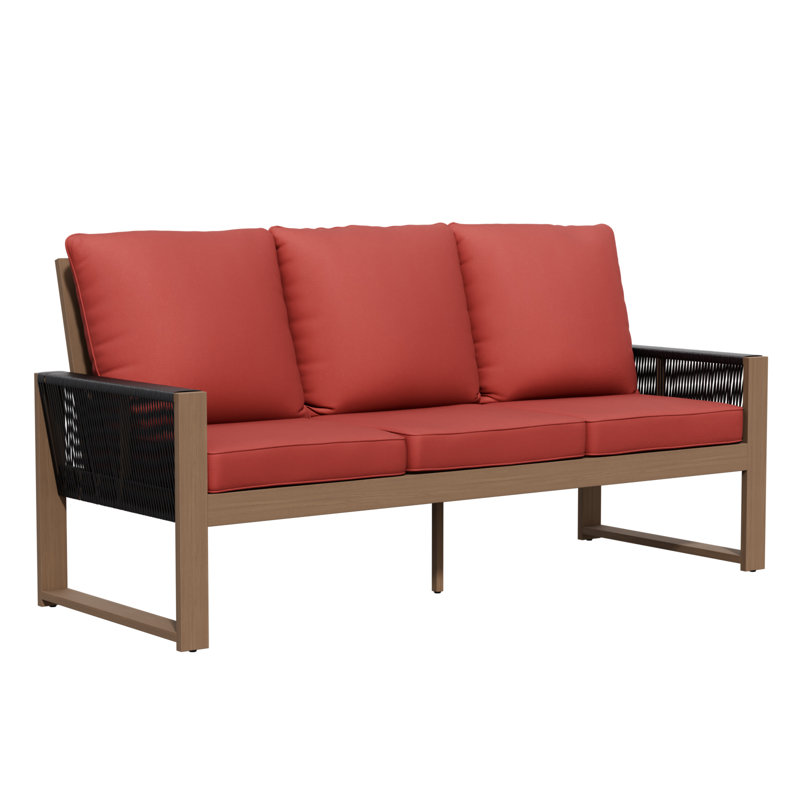 Outdoor Patio Cedar Wood Brown Round Wicker 3-Seat Sofa with Olefin Thick Cushions, Red