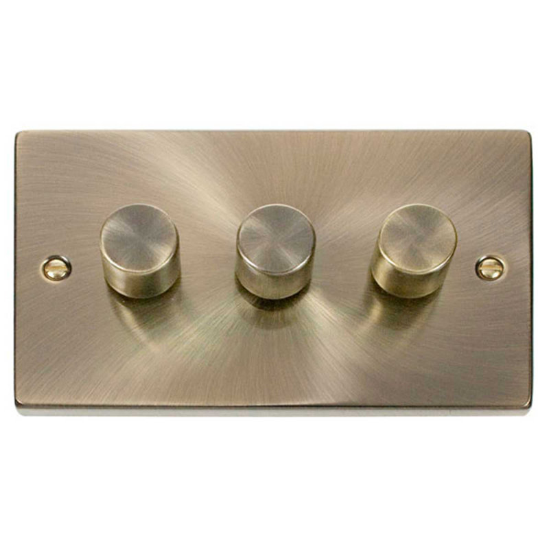 Antique Brass 3 Gang 2 Way LED 100W Trailing Edge Dimmer Light Switch