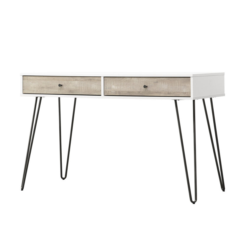 Bureau d'écriture en chêne taupe avec 2 tiroirs de rangement et garniture en métal