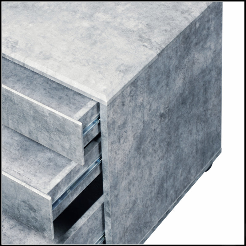 Classeur en faux béton et argent avec 3 tiroirs, structure en bois durable et roulettes pour faciliter le déplacement et le rangement