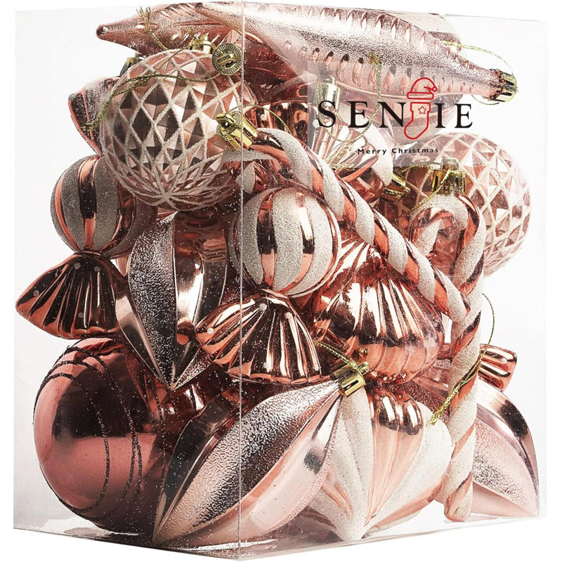 Boule de Noël ornements d'arbre en plastique incassable 24 pièces en forme d'arbre de Noël, Or rose