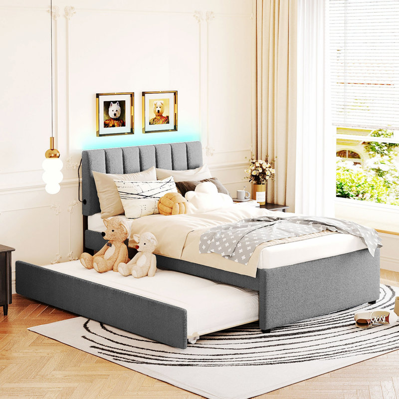 Upholstered Platform Bed With Trundle, Gray