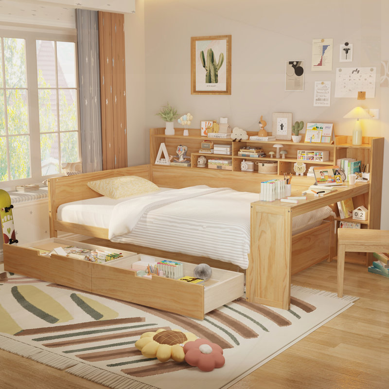 Lit de jour double en bois avec tablettes de rangement, lit multifonctionnel avec deux tiroirs de rangement; Ensemble de lattes et bureau d'étude