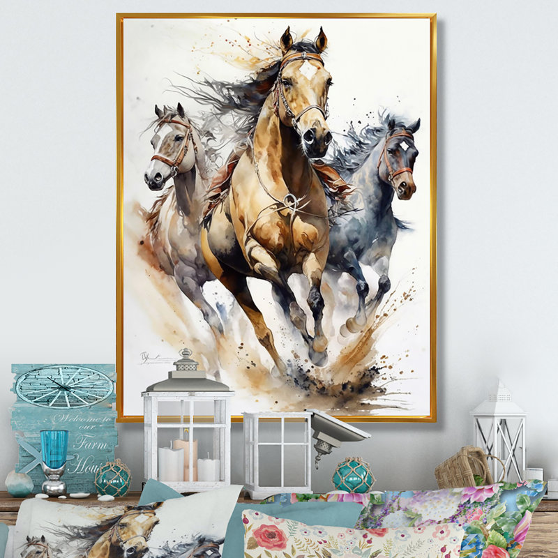 Troupeau de chevaux II, H 40 po x l 30 po, Cadre flottant doré