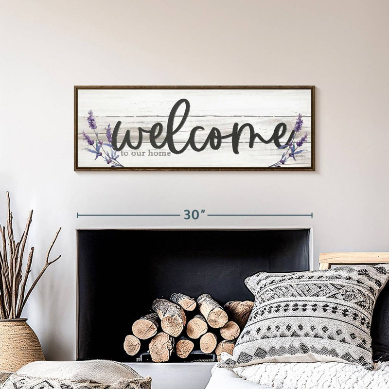 Plaque murale "Welcome to our home" lavande, 31 po x 11 po, Cadre flottant noyer
