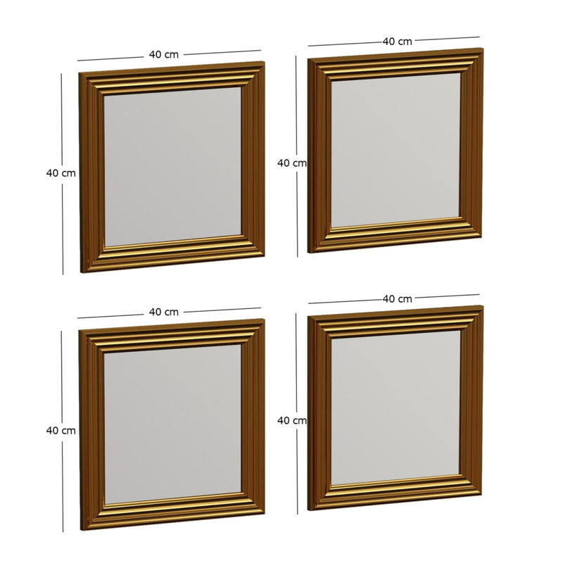 Ensemble de miroir élégant (4 pièces), cadre doré vif, 15,7 x 15,7 x 1,2 pouces | 100% panneau de fibres à densité moyenne avec finition stratifiée, miroir écologique Flocal-E | Fixable au mur, parfait pour la décoration traditionnelle et les int