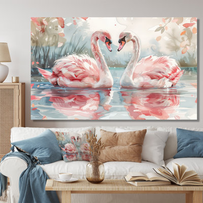 Pink White Swan Pond Romance II - Swans Animal Wall Art Living Room