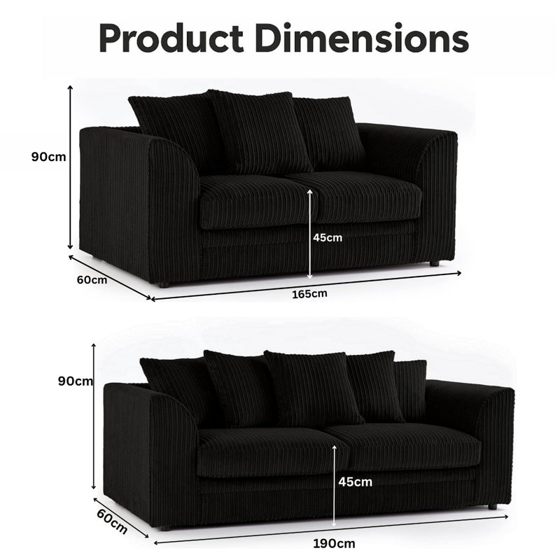 Soft Fabric Jumbo Cord 3 and 2 Seater Upholstered Living Room Sets, Black