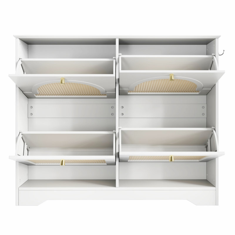 Kaelum Tipping Bucket Shoe Cabinet with 4 Flip Drawers, Rattan Doors & 2 Wall Hooks, White