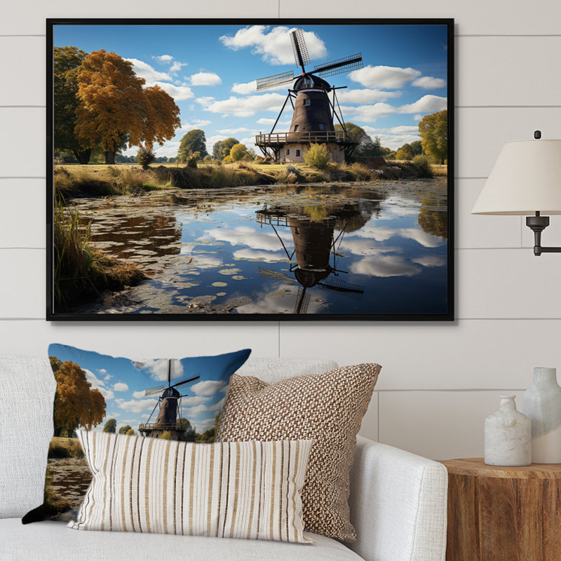 «Holland Windmill Reflections II», reproduction sur toile, Cadre flottant noir, H 12 po x l 20 po x P 1 po