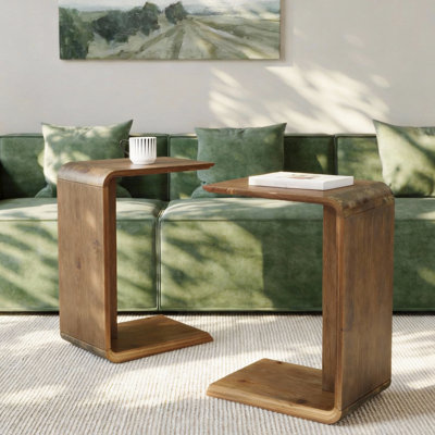 Solid Wood End Table Set of 2, C-Shaped Side Table for Sofa, Living Room, Small Space