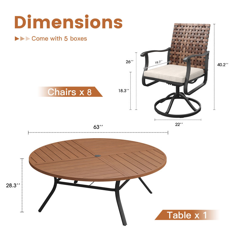 Ensemble repas pour 8 personnes avec table ronde de 60 po et 8 chaises et coussins pivotants en rotin de polyéthylène