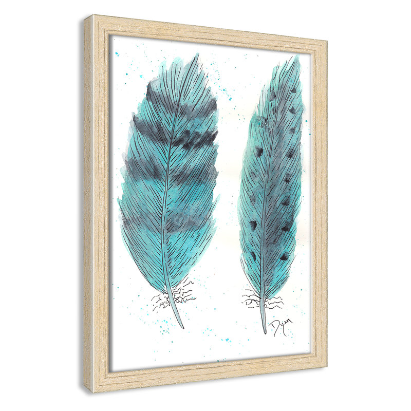«Feathers in Turquoise II», art encadré, H 15 po x l 11 po x P 1,18 po, Encadrement beige