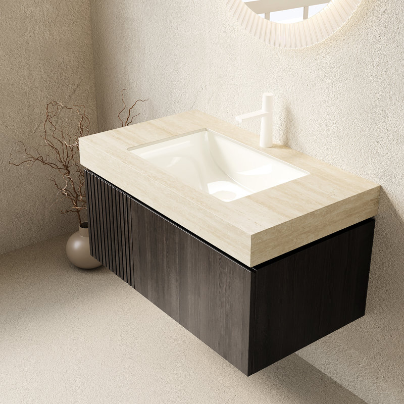 Comptoir en pierre frittée 36 "avec motif et lavabo rectangulaire encastré en céramique, un trou de robinet pré-percé, blanc beige, haute résistance aux méfaits, 35,71 po de profondeur, 19,08 de largeur, 8,66 po