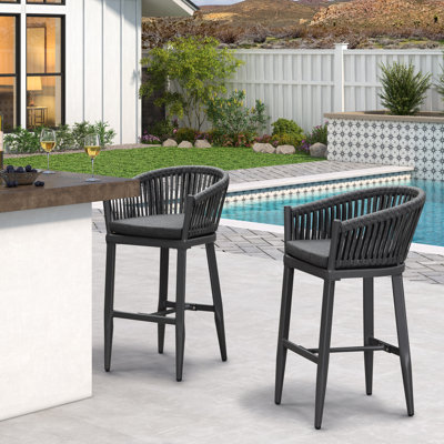 Ensemble de 2 tabourets de bar George Oliver en osier avec coussin haute densité pour patio