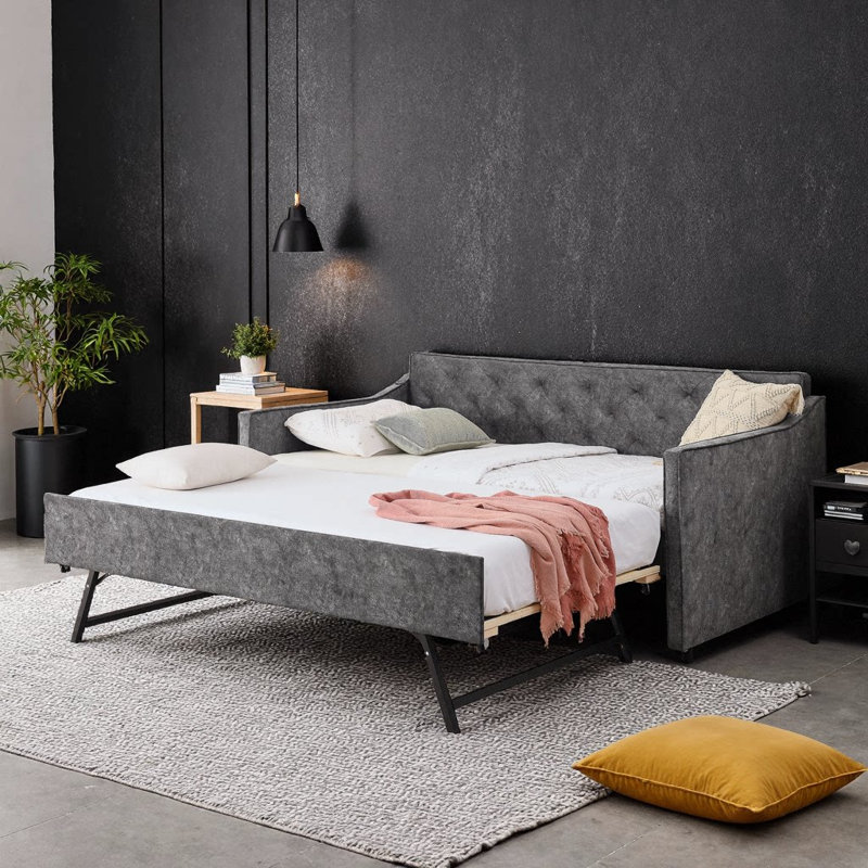 Upholstered Daybed with Pop‑Up Trundle & USB Charging | Velvet Sofa Bed with Button Tufted Back | Space‑Saving Guest Bed for Living Room, Bedroom, or Home Office