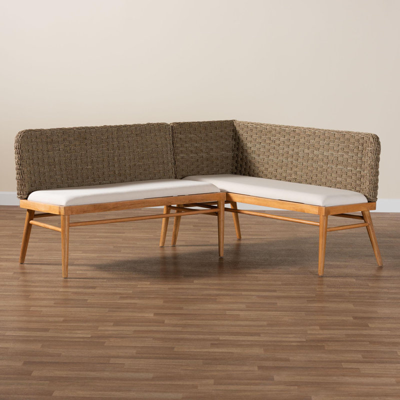 Aafrin Bali & Pari Denver Modern Bohemian Natural Seagrass And Acacia Wood 2-Piece Dining Nook Banquette Set