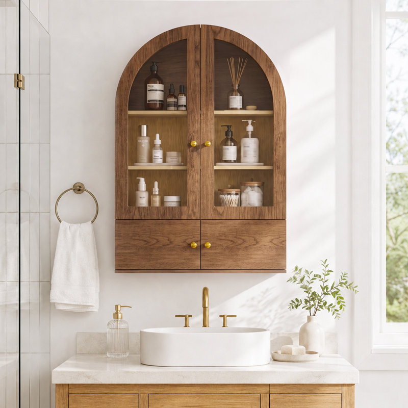 Pharmacie avec 2 portes en verre, tablette réglable, armoire de rangement murale pour salle de bain, Noyer