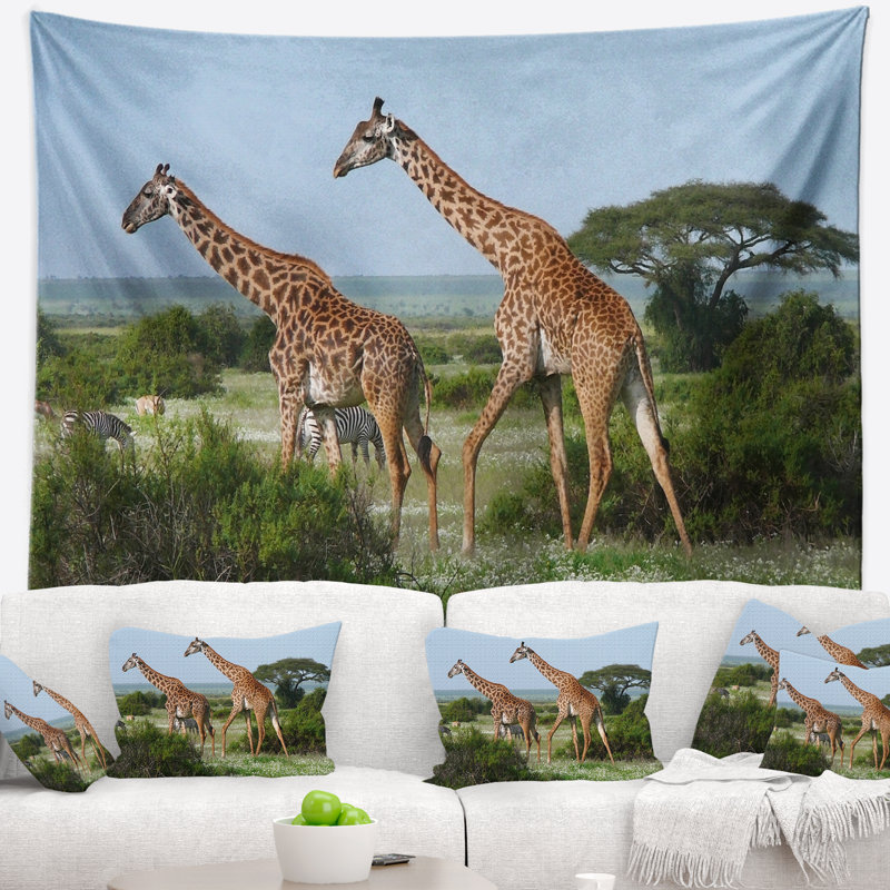 Tapisserie à deux girafess en savannah africain, H 50 po x l 60 po